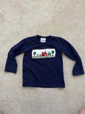 Delaney Embroidered Smocked Long Sleeve Tee 4T Navy Farm Scene Cotton. Smocking